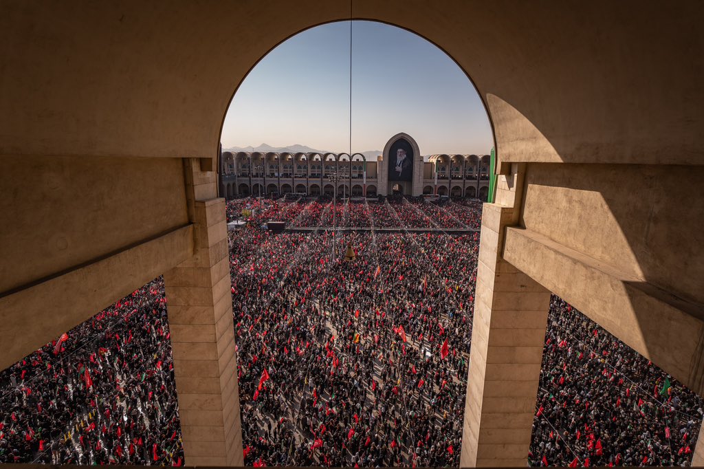 Aerial view of the funeral procession filling Tehran